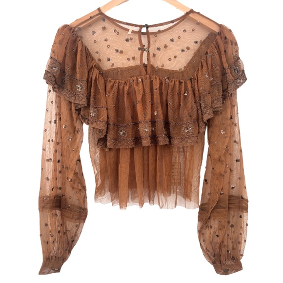 FREE PEOPLE Bronze Sequins Sheer Ruffle Top, size small - Picture 5 of 10